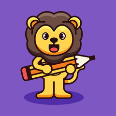 Lion Holding Pencil Mascot Illustration