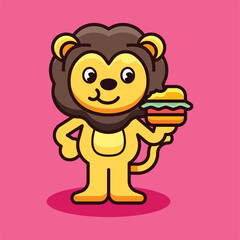 Lion Eat Burger Mascot Illustration