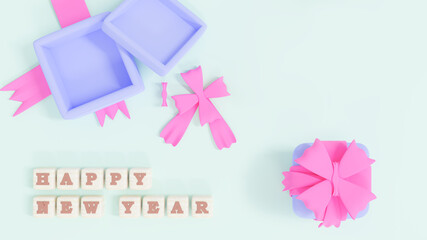 3d illustration rendering. The two minimalist gift boxes isolate on blue pastel background. Empty Open gift box and words HAPPY NEW YEAR. Flat lay, top view, copy space.