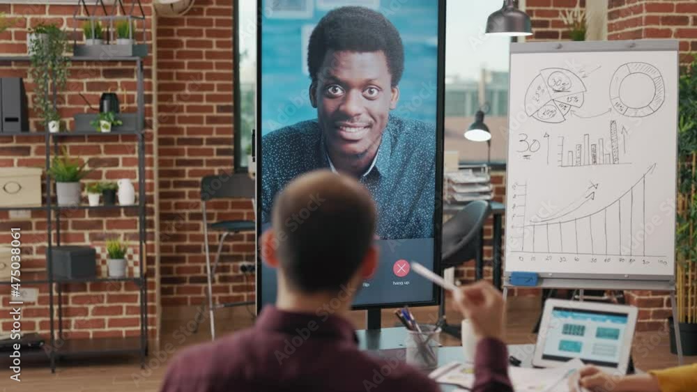 Poster colleagues meeting with man on video conference, discussing about business partnership and brainstor