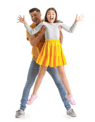 Obraz premium Happy man and his little daughter on white background