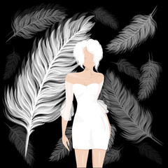  Vector flat illustration of a girl in a white dress. Design for posters, backgrounds, templates, textiles, backgrounds, postcards.