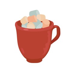 Red ceramic mug. Cocoa, hot chocolate, coffee, tea. Marshmallow.