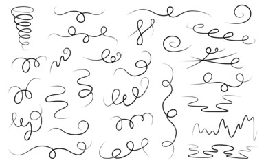 Set doodles whirlwinds, swings, swoop, swish hand-drawn. Vector illustration on a white background. Elements from twisted lines for design or decoration.