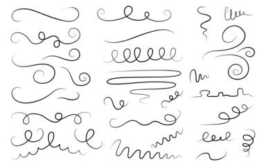 Set of whirlwinds, swings, swooping, swishes  hand-drawn. Vector illustration on a white background. Elements from twisted lines for design or decoration. - obrazy, fototapety, plakaty