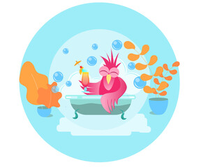 Flamingo bathing and having a good time in a bath with cocktail, recreation, enjoynment, splendid time on vacation. High quality photo