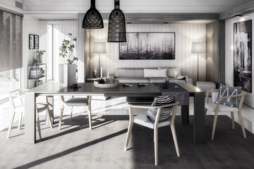 Modern Furnishings Inside an Living Room Designed in White Wood - black and white 3D Visualization