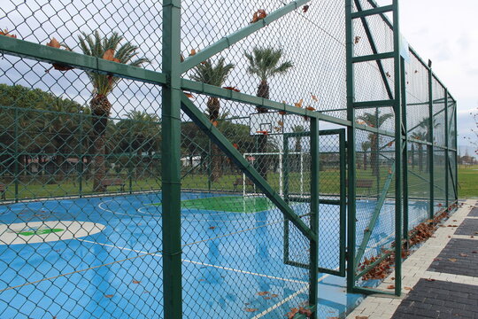 Basketball pitch. Basketball hoop. Playing basketball. Basketball match. Blue basketball pitch. Basketball area. Palm trees in background. 