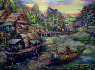 Fototapeta na wymiar Art painting Oil color Floating market Thai land , countryside