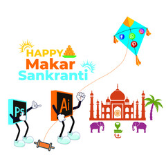 Happy Makar Sankranti text with sunshine and kite on background for festival celebration.