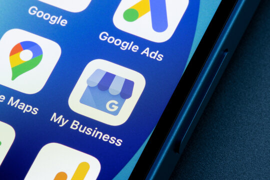 Portland, OR, USA - Dec 14, 2021: Google My Business mobile app icon is seen on an iPhone. Google My Business lets users create and manage free business listings in Google Maps.