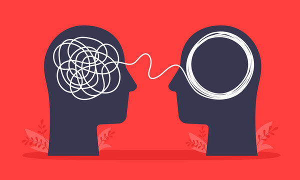 Psychologist consulting or mental problem solving brainstorm concept. Human heads with tangled chaos disorder turns into order line, finding solution. Coach, mentoring psychotherapy. Complex to simple