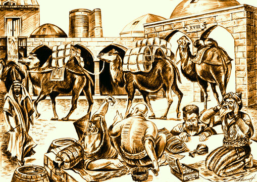 detail of the temple,silk way caravan,old town,old Baku city,carpet