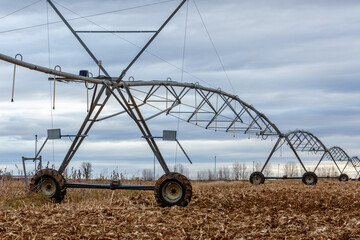 Crop field with mobile sprinkler irrigation system. Region of El Páramo, León, Spain.