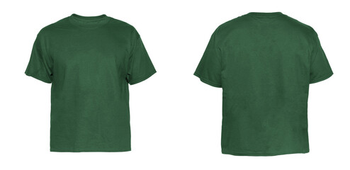 Blank T Shirt color forest green on invisible mannequin template front and back view on white...