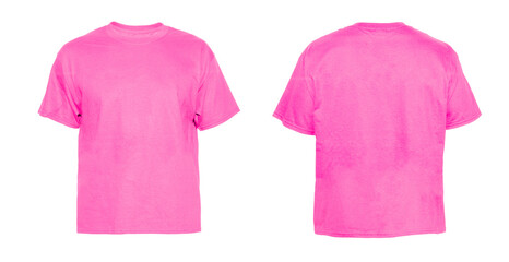 Blank T Shirt color pink on invisible mannequin template front and back view on white background
