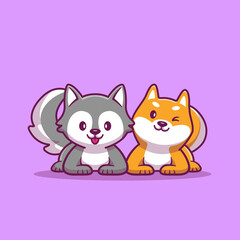 Cute Husky And Corgi Dog Cartoon Vector Icon Illustration. Animal Nature Icon Concept Isolated Premium Vector. Flat Cartoon Style