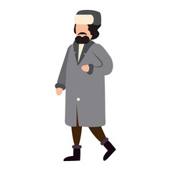 Man with beard winter cold weather clothes, cap, warm coat, boots. Cartoon flat style