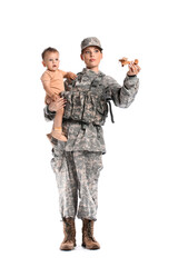 Female soldier with her little son isolated on white