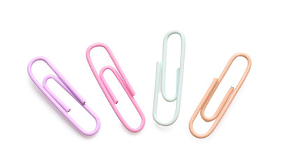 Colorful paper clips on white background