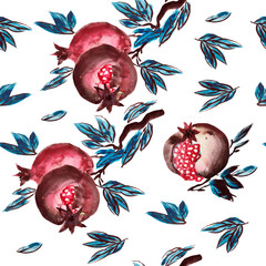 seamless pattern of pomegranate fruits with a branch and blue leaves. The black branch is drawn in ink on a white background, and the fruits are painted in red watercolor in the style of Chinese paint