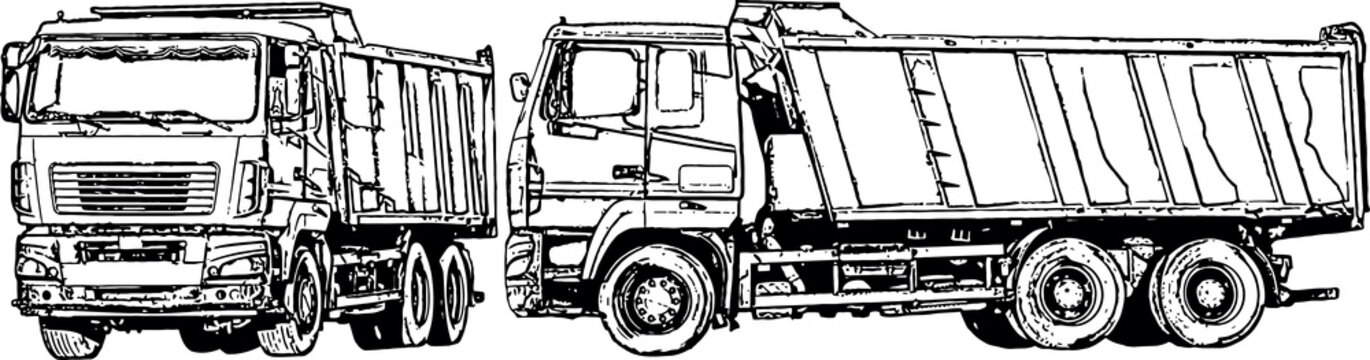 Black and white vector images of dump trucks