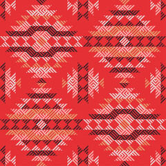 Navajo mosaic rug with traditional folk geometric pattern. Native American Indian blanket. Aztec elements. Mayan ornament. Seamless background. Vector illustration for web design or print. - 475046823