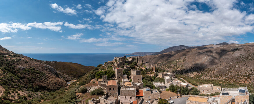 Greece Vatheia or Vathia old abandoned village, aerial drone view, Mani, Laconia Peloponnese