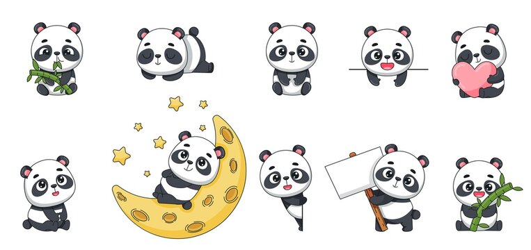 Set of cute pandas. Love, asleep, chews, sits, holds a sign, looks out. Vector for design, banners, children's books and patterns