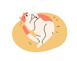 Cute kitty sleeping in cat bed. Sleepy relaxed feline animal lying on pet cushion. Adorable fat kitten resting on cozy comfortable pillow. Colored flat vector illustration isolated on white background