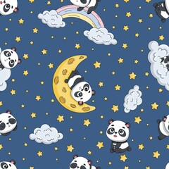Seamless pattern with cute panda. Blue sky background, moon, stars. Goodnight. Endless texture for fabric
