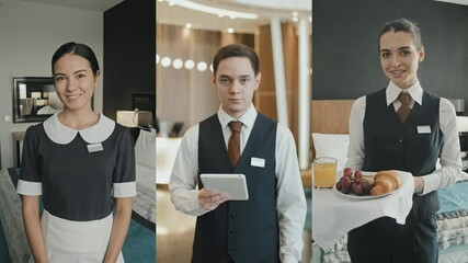 Split screen portraits of male and female hotel staff smiling and posing for camera