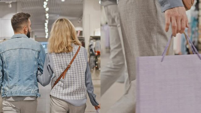 Split screen with medium shot and close up of couple walking hand in hand in mall and carrying shopping bags