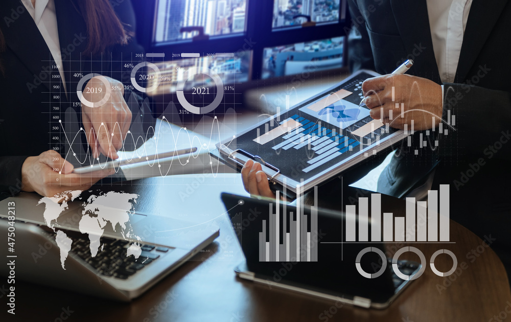 Poster data management system with business analytics concept. business team hands working with provide inf