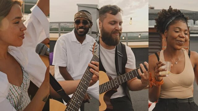 Split screen of woman singing into microphone while man playing guitar. Another man and woman dancing and enjoying music at party on rooftop