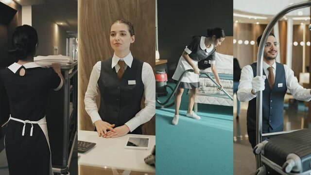 Split Screen Shot Of Four Male And Female Hospitality Employees. Female Receptionist, Female Housekeepers And Male Porter Working In Upscale Hotel