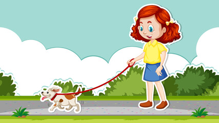 Obraz na płótnie Canvas Thumbnail design with girl walking dog