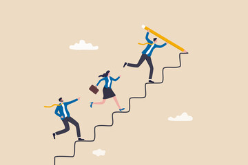 Leader to guide team to achieve success, manager to develop career path or improvement plan, growth or progress concept, businessman leader draw stair with pencil to lead team walk up to target. - obrazy, fototapety, plakaty