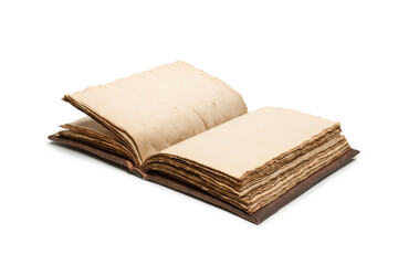 An open empty old notebook isolated on a white background.