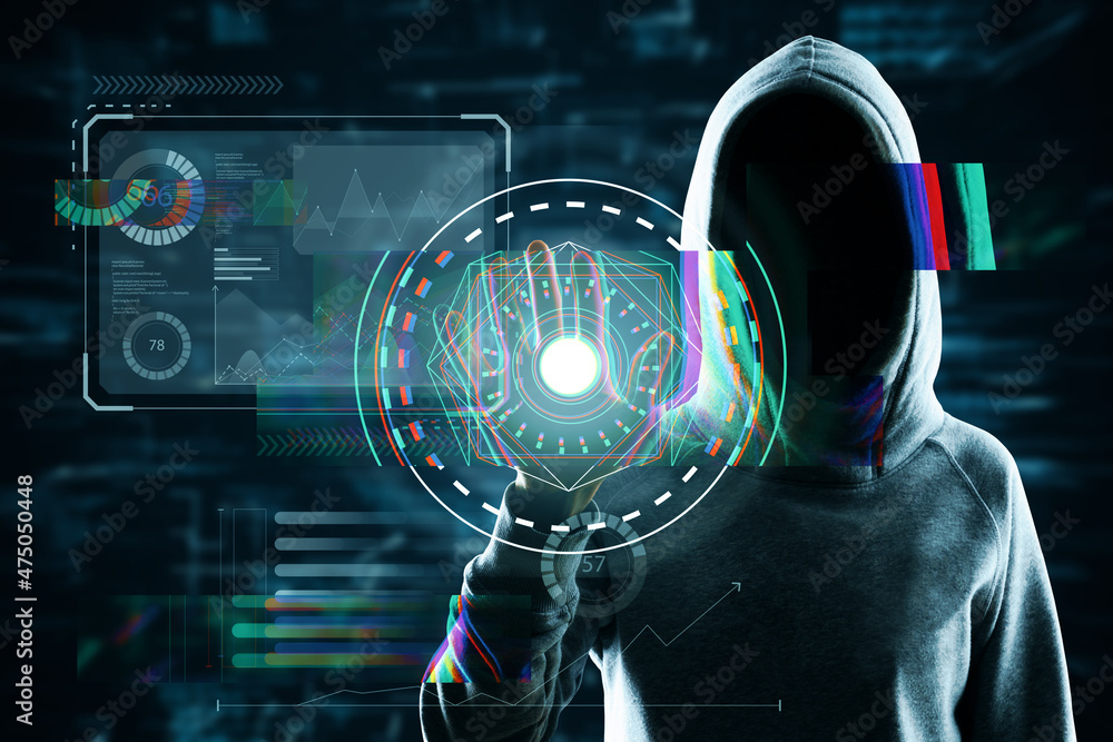 Poster Hacker in hoodie using scanner on abstract glowing business hologram interface on dark background. Security, hacking, autorization and biometrics concept. Double exposure.