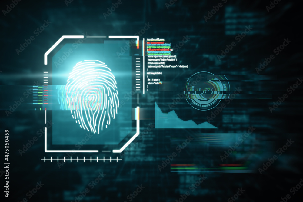 Aufkleber creative glowing blue fingerprint scanner interface on dark background. technology, information and 