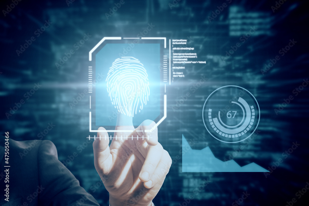 Poster close up of businessman hand pointing at creative glowing blue fingerprint scanner interface on dark