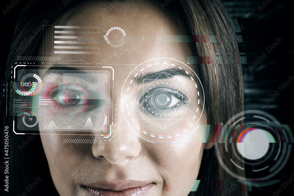 Poster close up portrait of businesswoman with creative eye scanning interface hud screen on dark backgroun