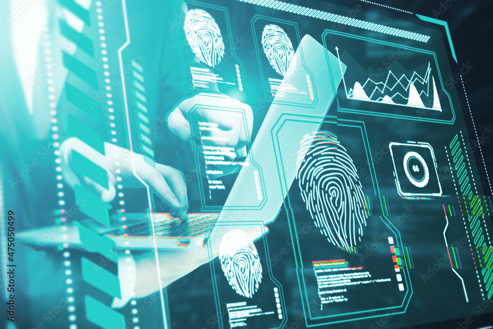 Poster close up of hand using laptop with creative glowing blue fingerprint scanner interface on dark backg