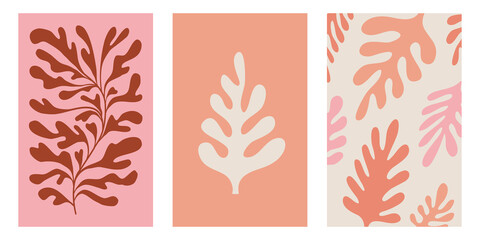 Vector set of abstract floral backgrounds with copy space for text. Banners and templates with leaves and plants for posters, packaging, cover designs, social media stories 