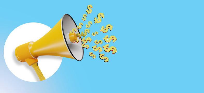A cartoon megaphone or bullhorn with money flying out. Referral bonus, marketing or other activity where you are paid for speaking or communication. Advertising, promotion. Place for text. 3d image