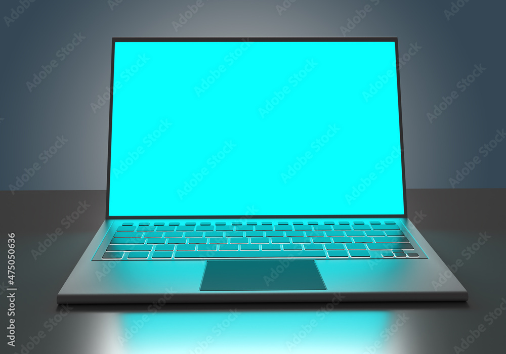 Poster included laptop close-up. a laptop with a blank screen. place for text on the neon field of the pc s