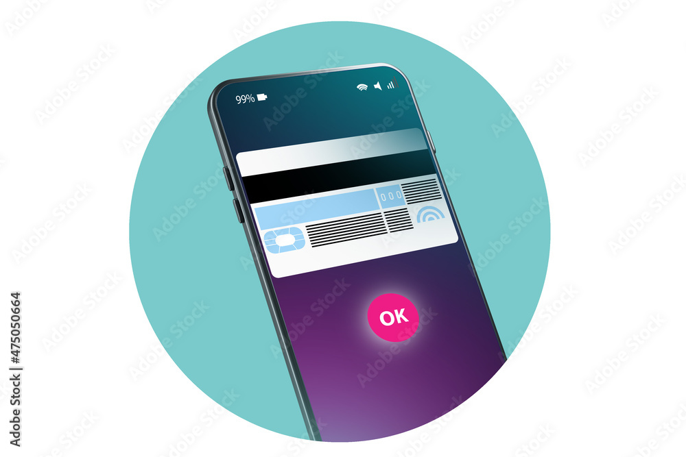 Poster payment app concept. smartphone payments. non-cash payments. the image of the bank card on the mobil