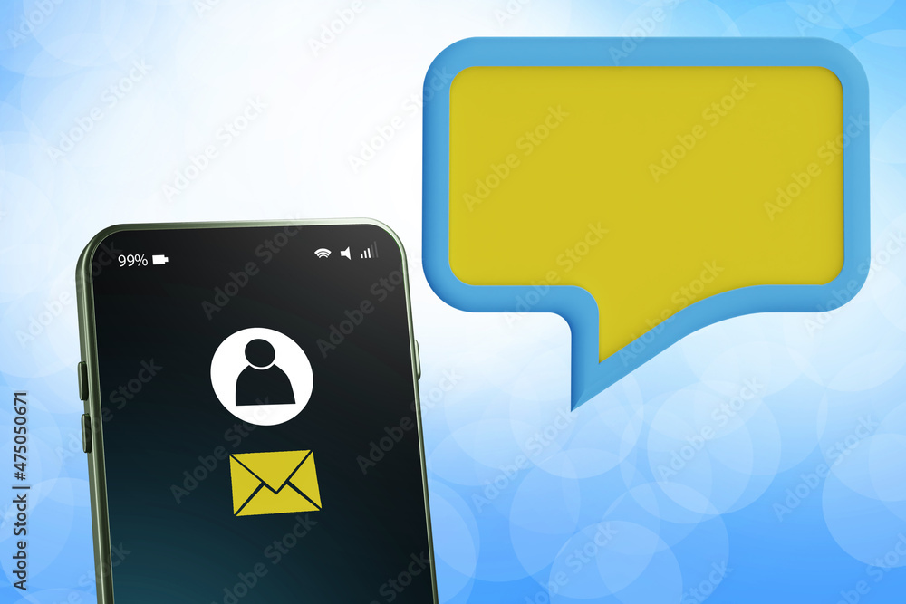 Poster a smartphone with a bubble for text. social media. messaging, correspondence using gadgets. sms mess