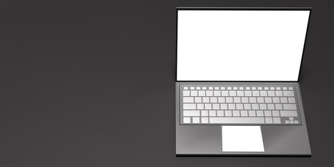 An open laptop next to a place for text. Laptop on a gray background. Work, communication and entertainment online. Electronic gadgets. A portable computer top view. Place for text. 3d image